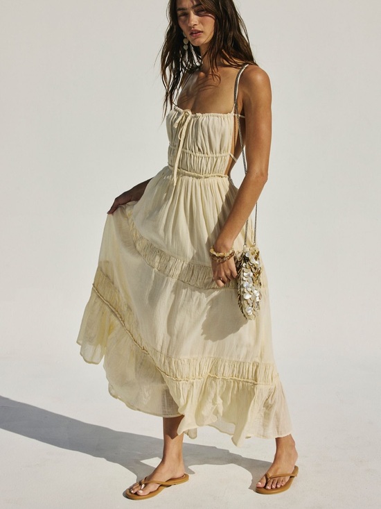 Free People Dresses & Skirts - Free People Cream Tiered Maxi Dress with Spaghetti Straps